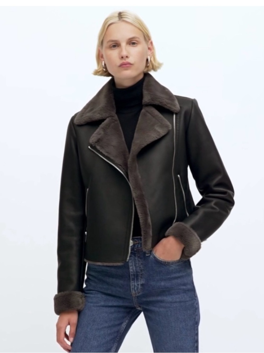 Mango Wool-Trimmed Faux Leather Moto Jacket - Dark Brown